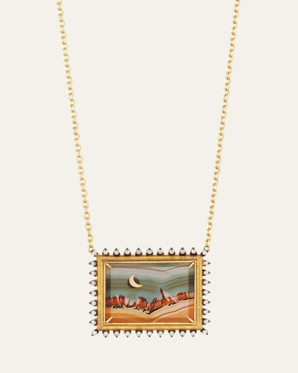 18K Yellow Gold Agate Landscape Necklace with Diamonds and Gold Moon Detail